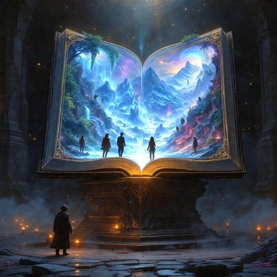 Primary subject: A large book with a painting of people on it.
Setting/background: A dark room with a few people in it.
Visual style: Digital art.
Colors and mood: The book is blue and purple, and the overall atmosphere is mysterious and artistic.